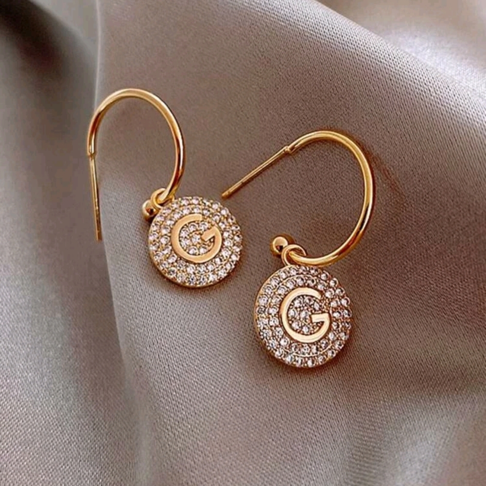 CZ Gold Lettered Earrings - Picture 2 of 2